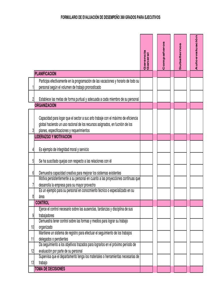 Formato de evaluación 90°, 180° o 360°.