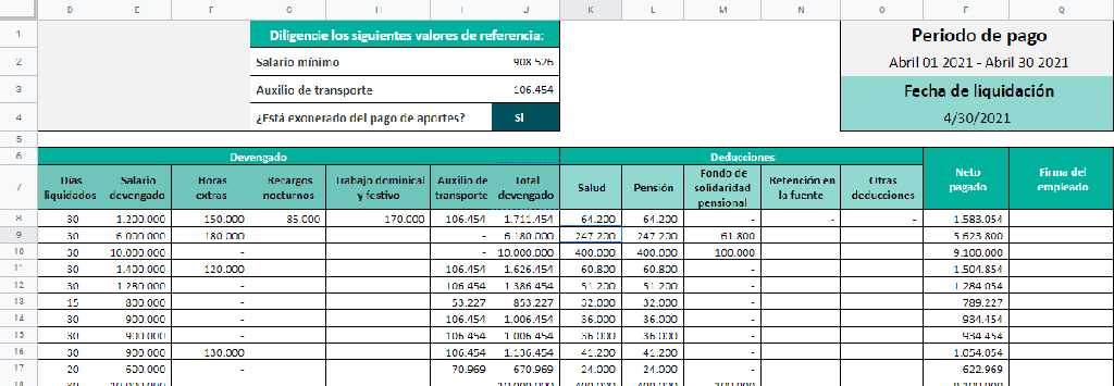 Formato de liquidación de nómina.