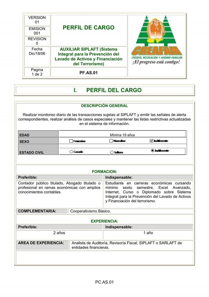 Formato actualización de perfiles de cargo.