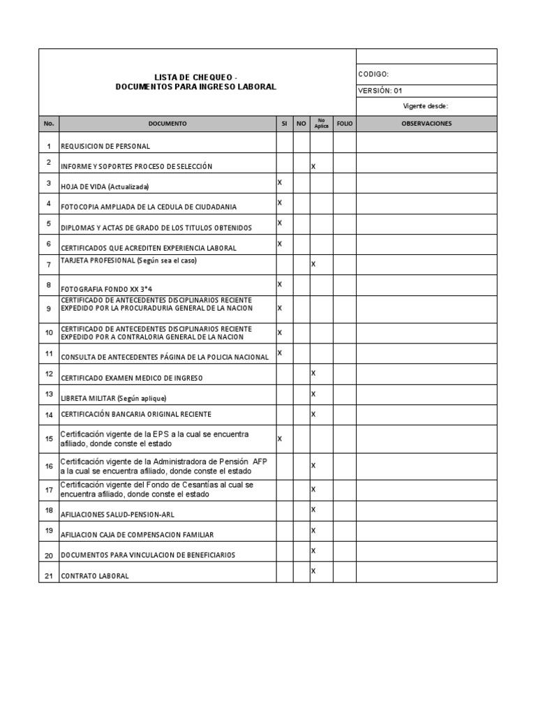 Check list de vinculación.