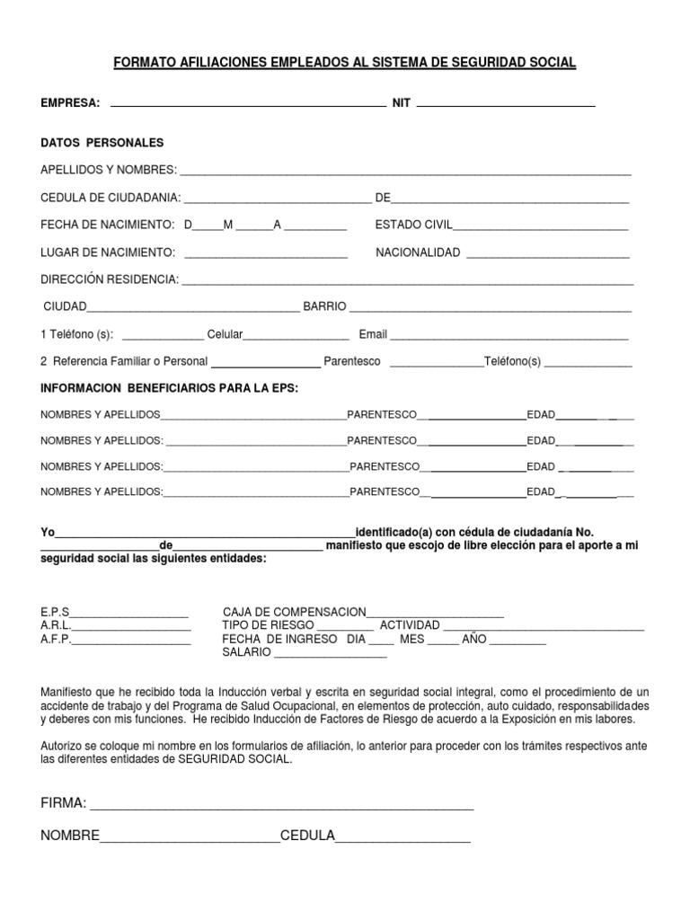 Formato de afiliaciones a seguridad social.
