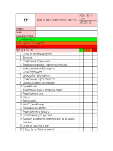 Check list de inducción.