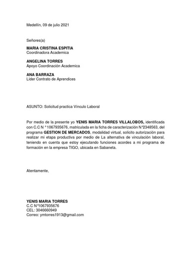 Formato de carta de vinculación laboral.