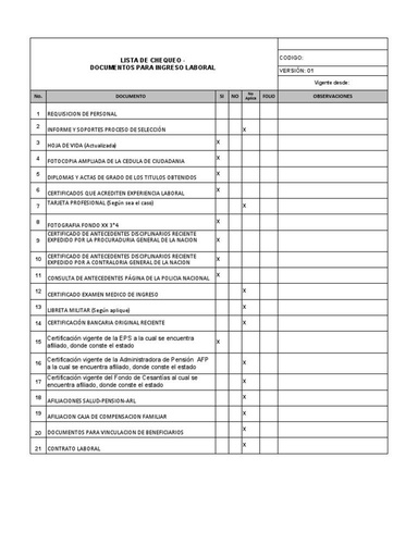 Check list de vinculación.