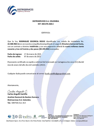 Acta de retiro laboral .